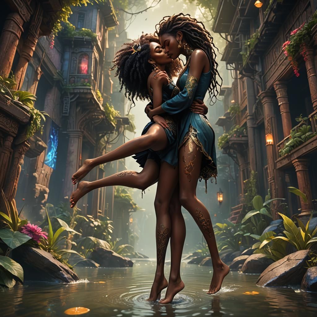 Black Girl Kissing: Detailed Fantasy Matte Painting
