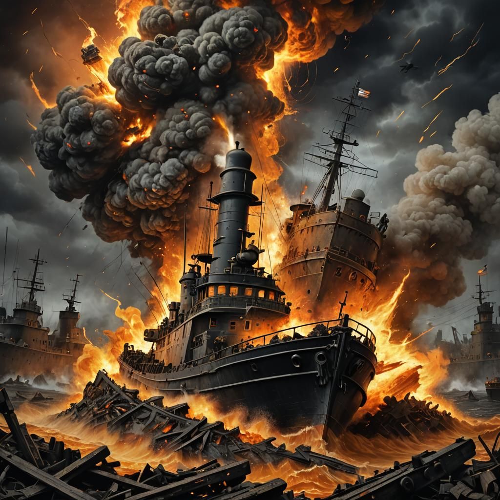 Torpedo Strikes Tugboat: Surreal Apocalyptic Explosion