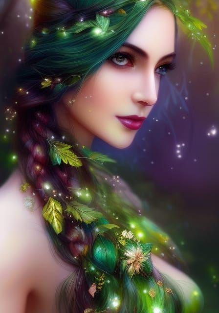 Beautiful Dryad with Green Hair and Maple Leaves
