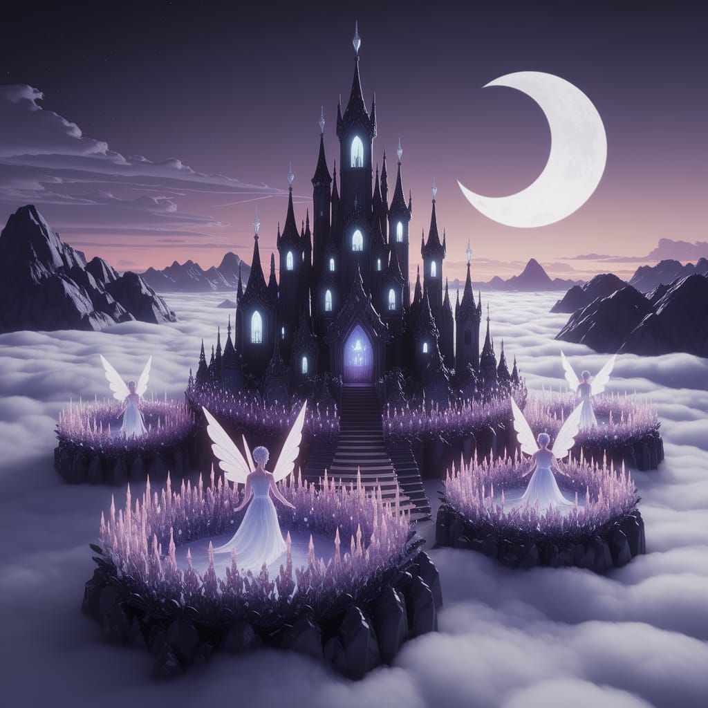 Obsidian Castle Floats in Cloud Sea, Tended by Fairies