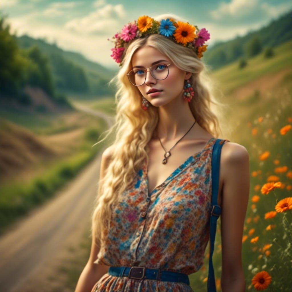 1960s Hippie Girl Hitchhiking on Country Road