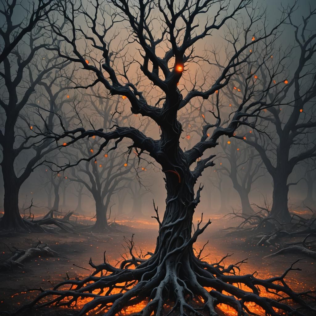 Eerie Tree in Dark Fantasy Landscape Art
