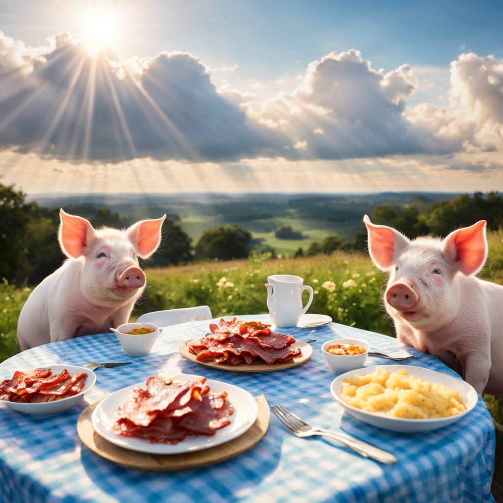Pigs Savoring Bacon at a Table Under Heavenly Sunshine