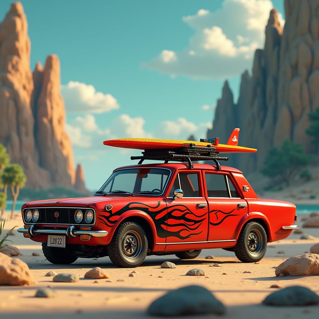Vibrant Red 1966 Isuzu Bellett with Tribal Flames and Lego S...