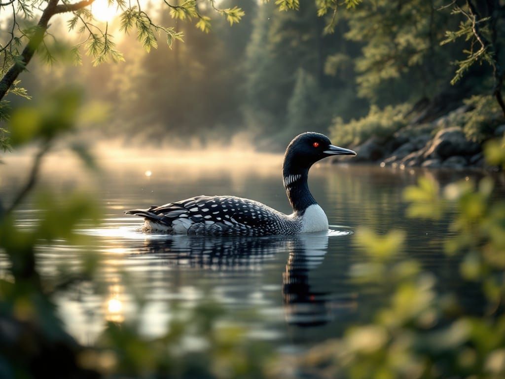 Majestic Loon Glides Across Serene Lake in Hyper-Realistic S...