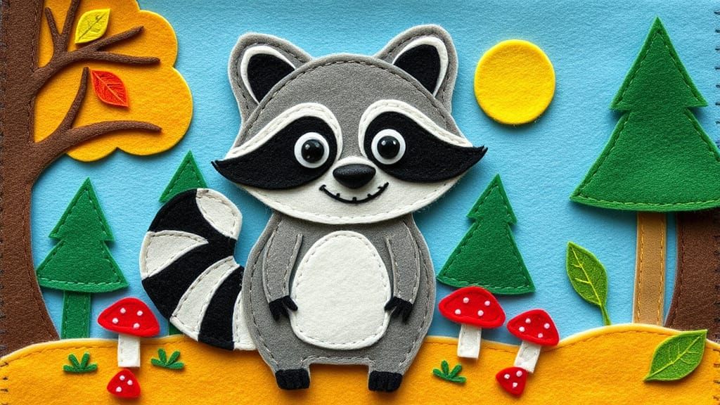 Cheerful Felt Raccoon in Playful Forest Scene