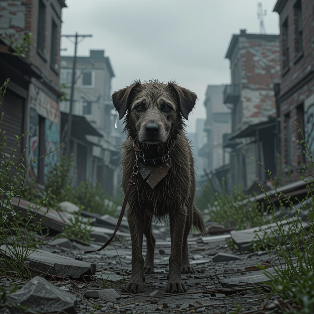 Lone Dog in Crumbling Cityscape, Photorealistic Style