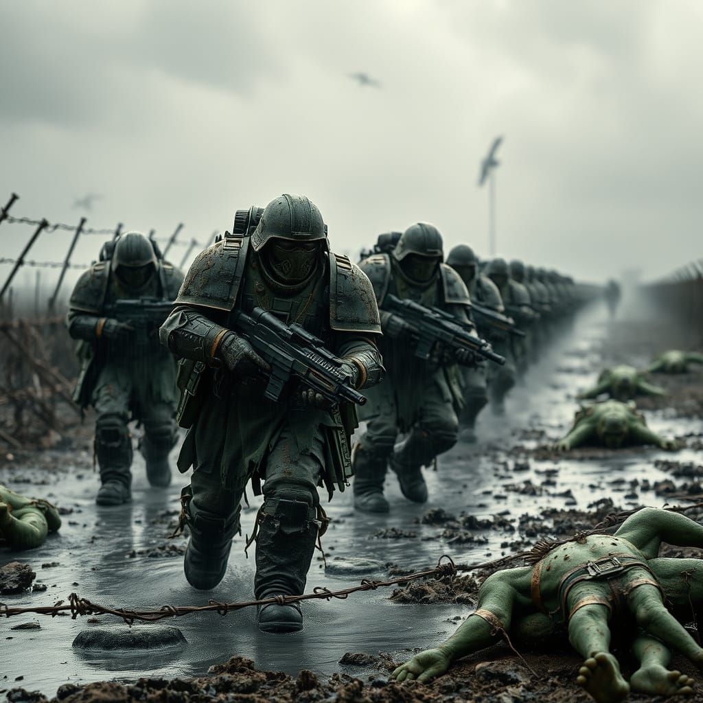 Space Marines on Battlefield in Grimdark Style