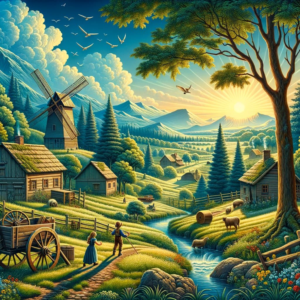 Nostalgic Rural Landscape with Kids Playing