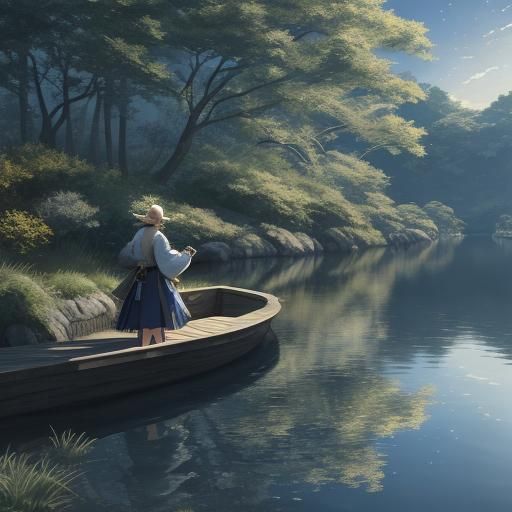 Anime Lady with Bucket at Starry Lake in 3D