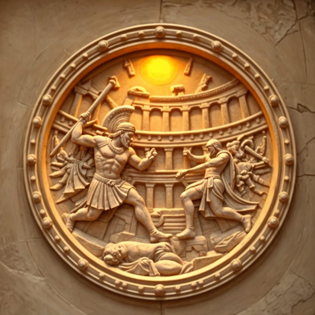 Ancient Warriors Clash in Round Coliseum Relief