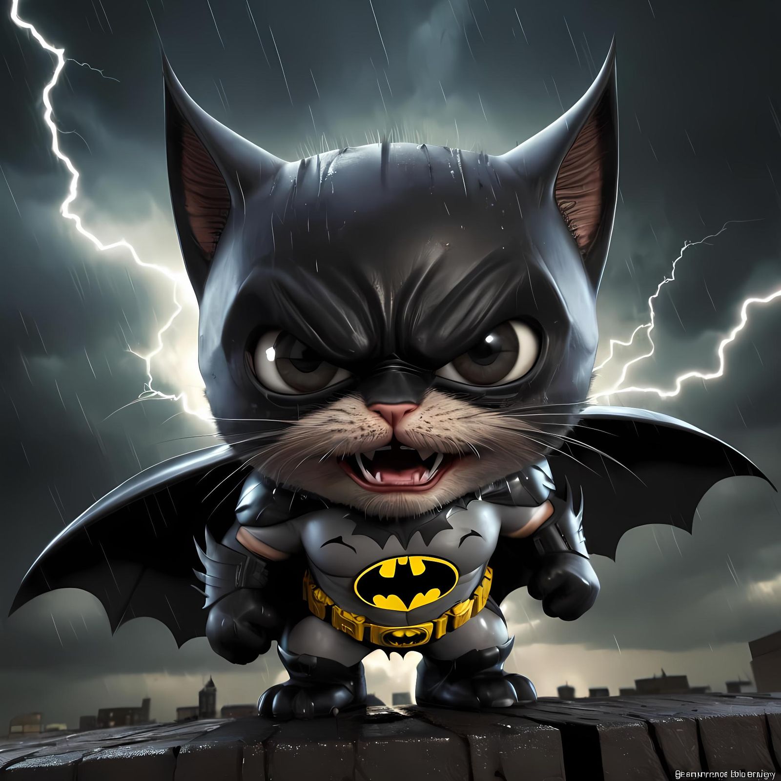 Aggressive Kitten Batman in Dark Fantasy Style