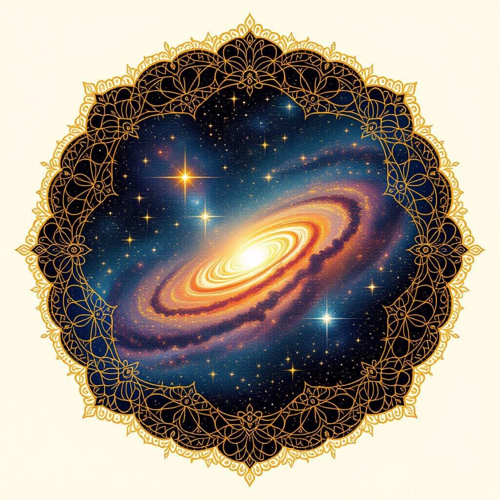 Pointillist Lace Art with Golden Motifs and Cosmic Void