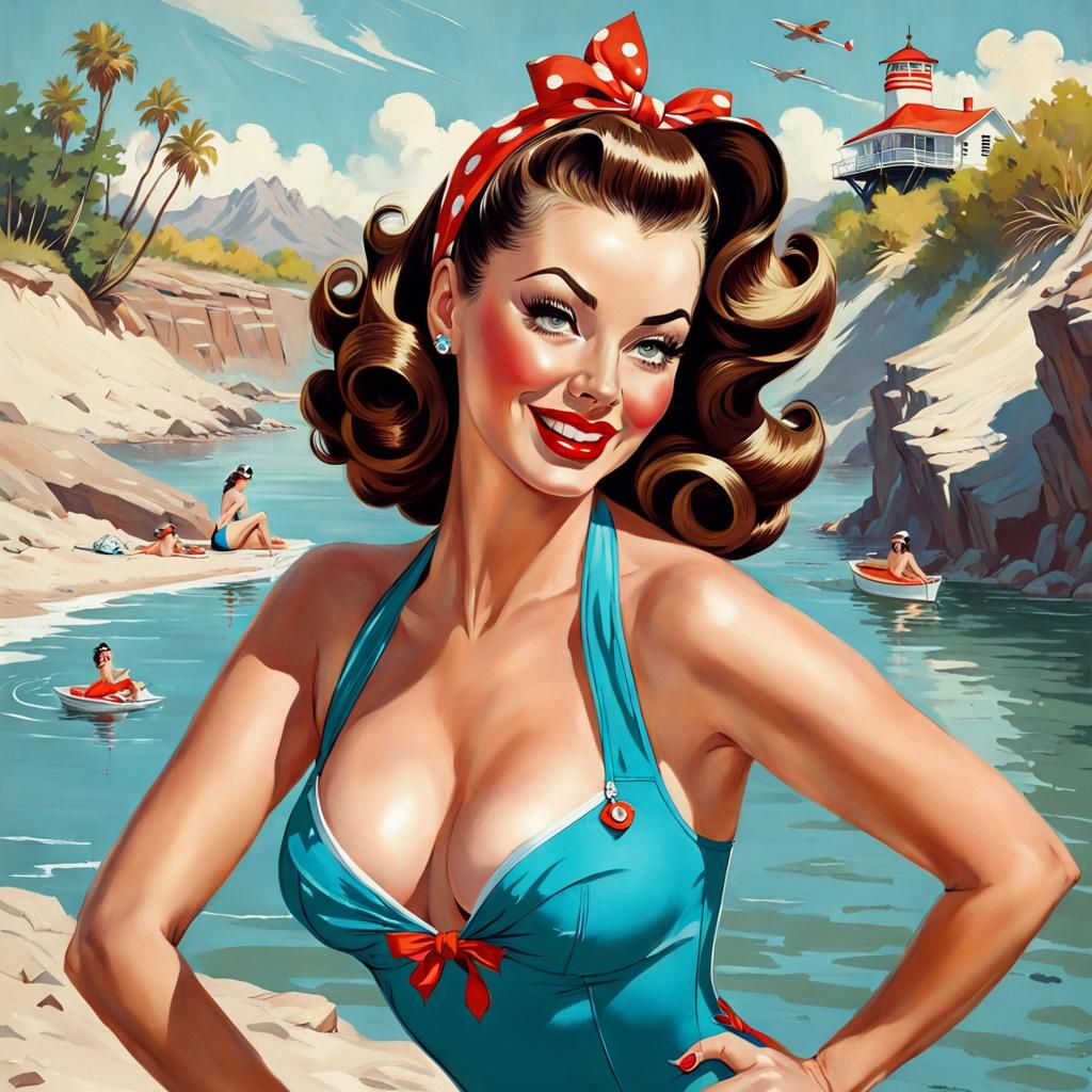 Gil Elvgren Style Pin-Up Woman in Swimsuit