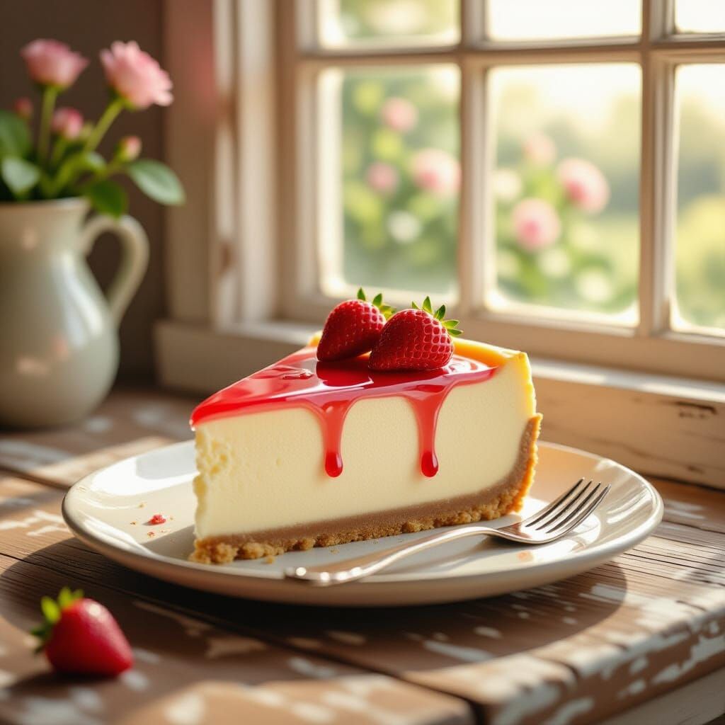 Pastel Strawberry Cheesecake on Rustic Table