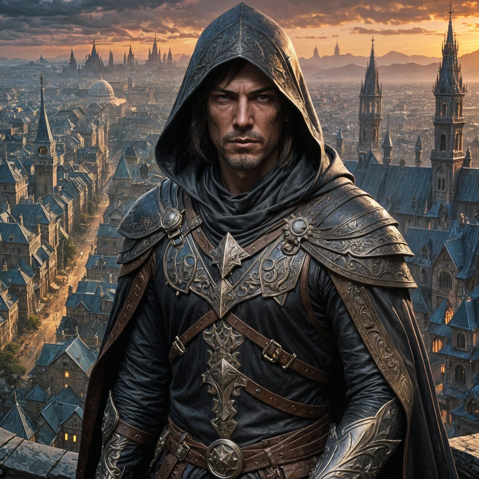 Dark Fantasy Assassin in a Hyperdetailed Cityscape