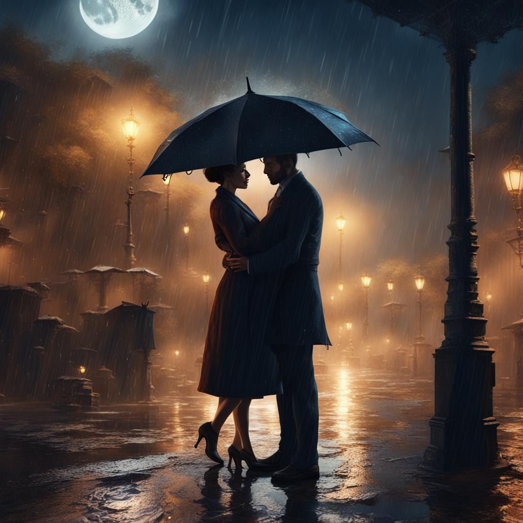 Romantic Embrace in Rainy Night: Impressionistic Painting