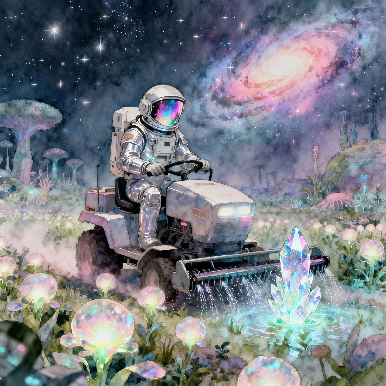 Astronaut Tends Alien Garden with Bioluminescent Plants