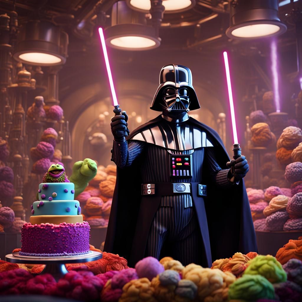 Darth Vader as Willy Wonka Cuts Cake