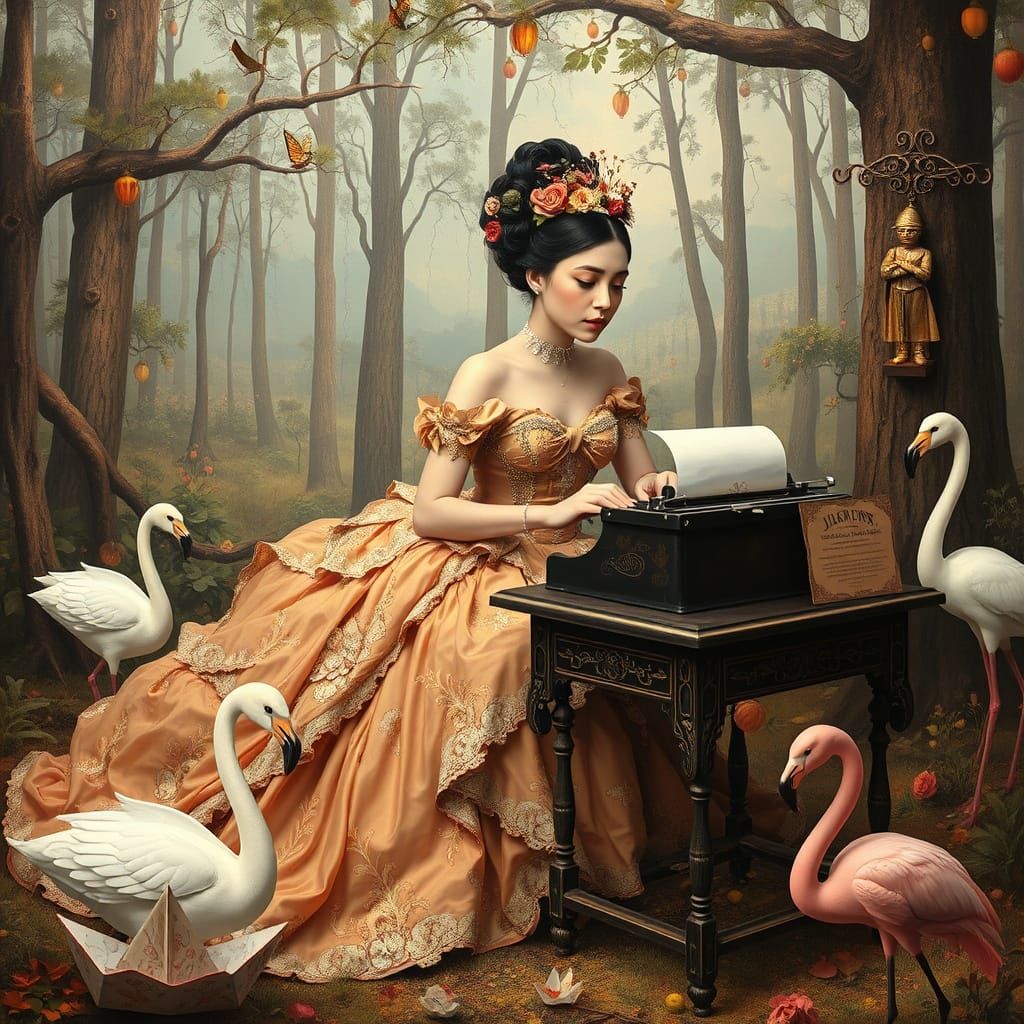 Woman at Typewriter in Dreamlike Forest Scene