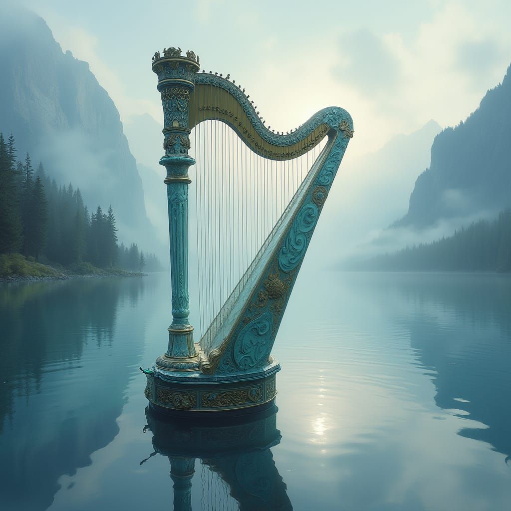 Ethereal Glass Harp on Misty Lake in Hyperrealism