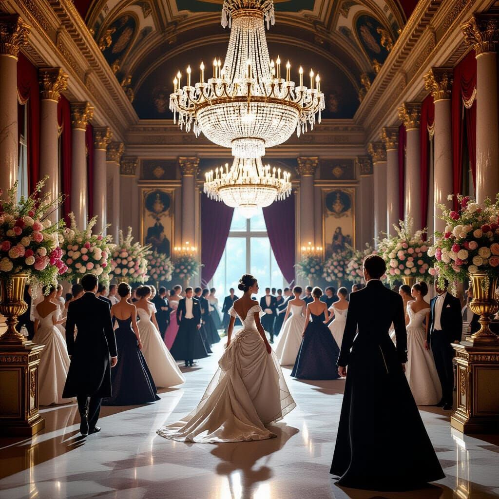 Opulent Ballroom Scene with Elegant Figures