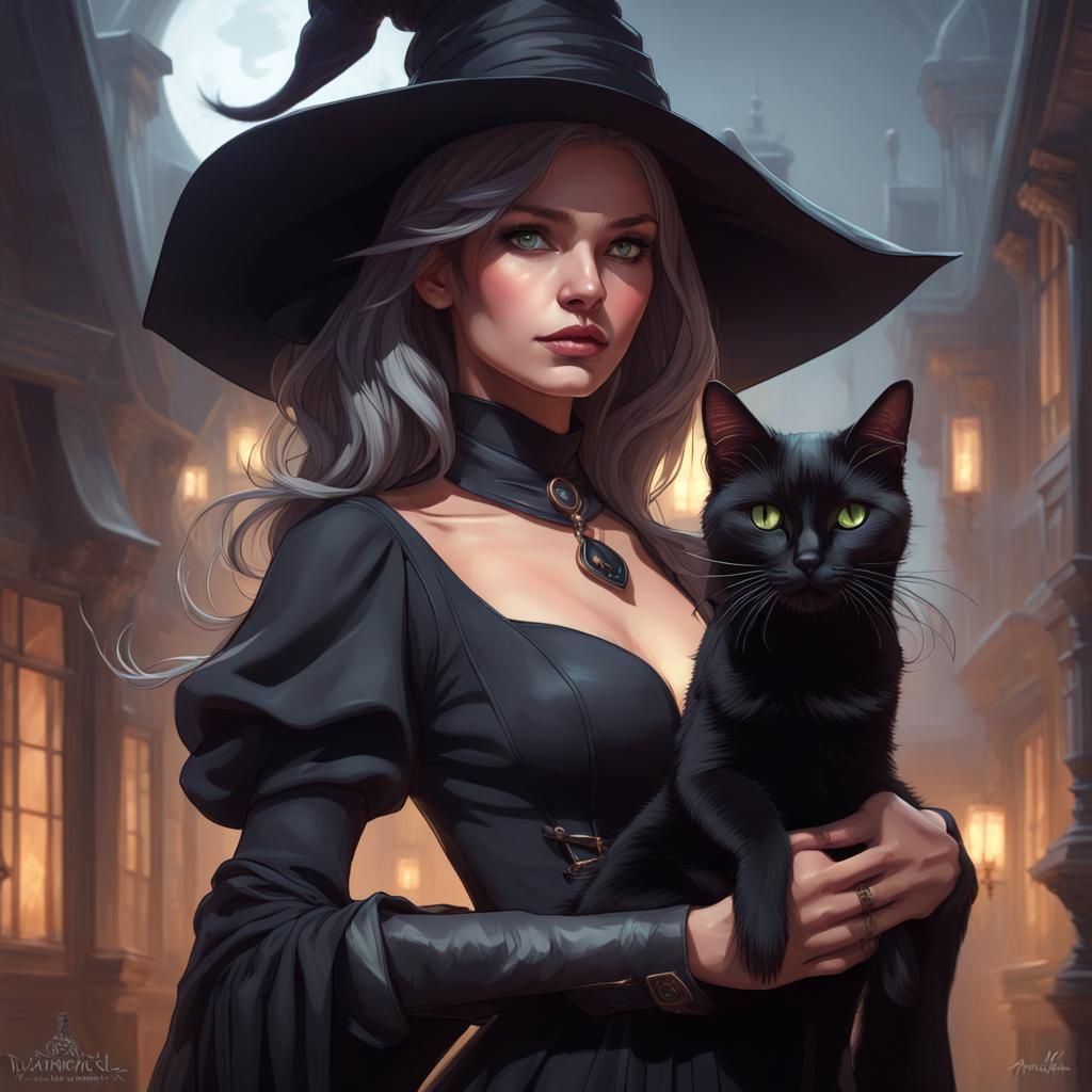 Beautiful Witch Portrait with Black Cat