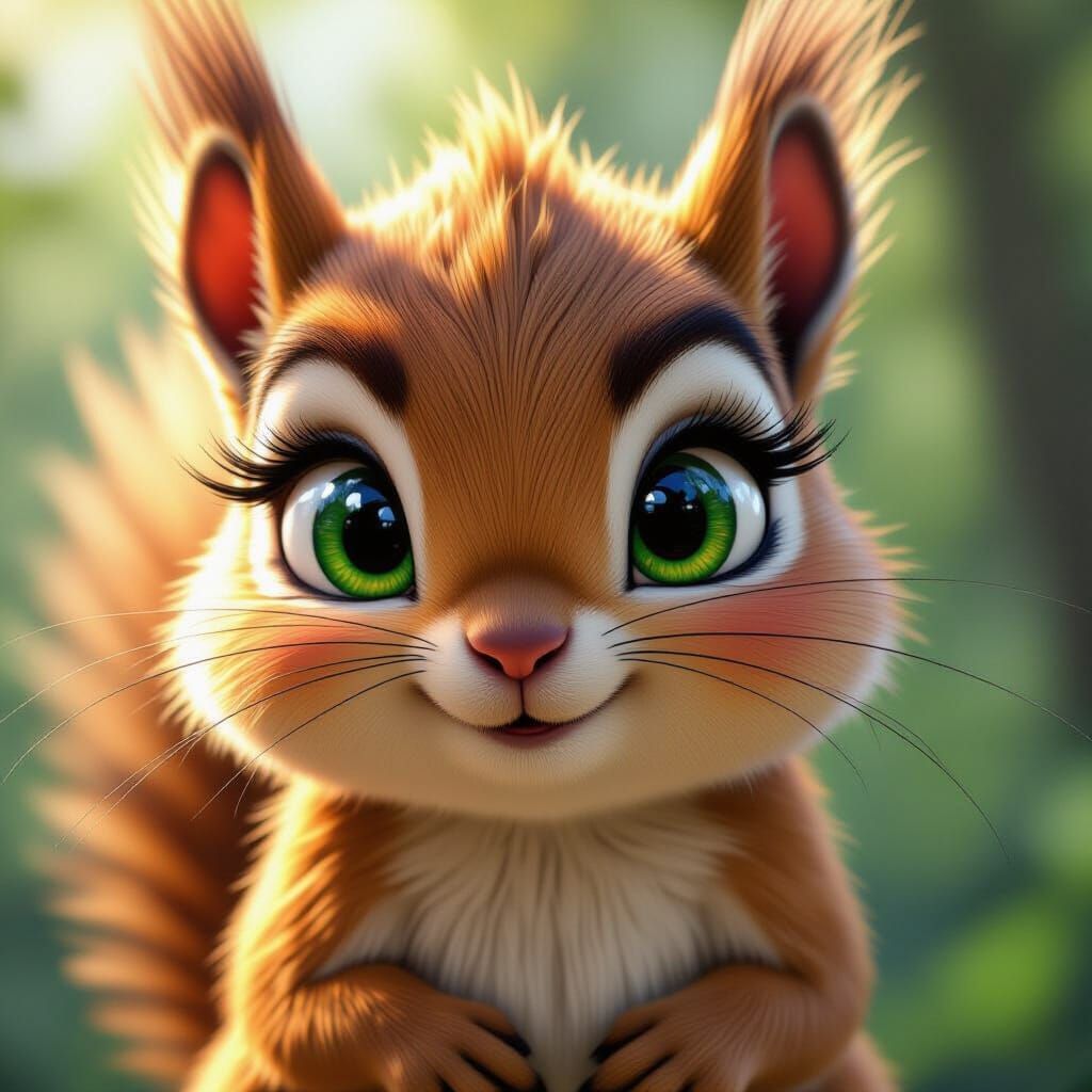 Adorable Squirrel Portrait with Green Eyes, Hyperdetailed