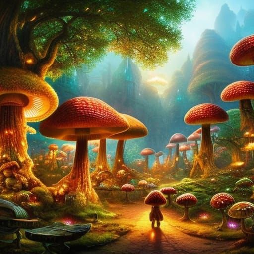 Fantasy Mushroom Village with Glowing Details
