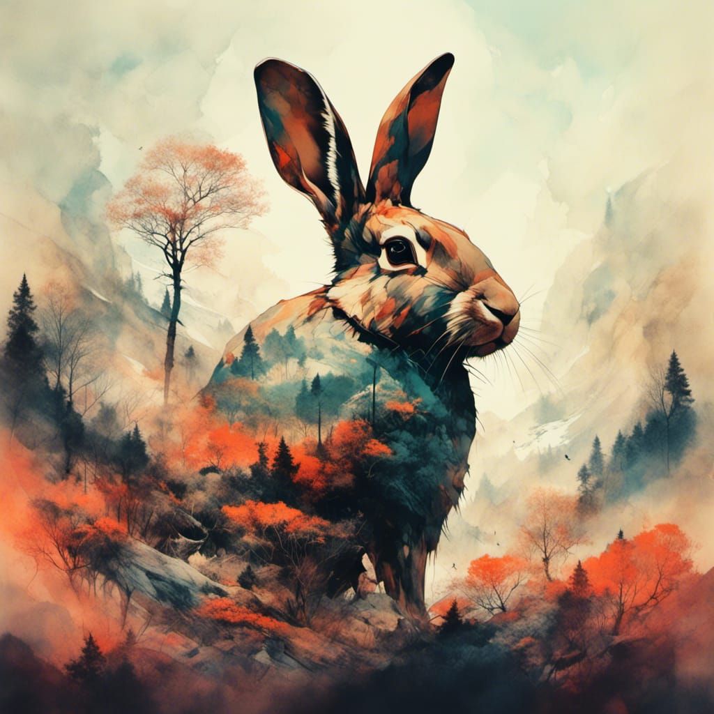 Rabbit Double Exposure in Spring Landscape