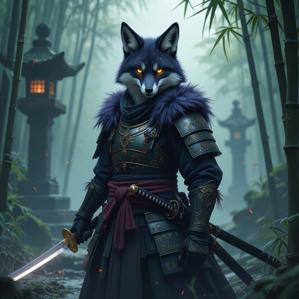 Spectral Samurai Fox Guarding Ruined Temple, Hyperrealistic ...
