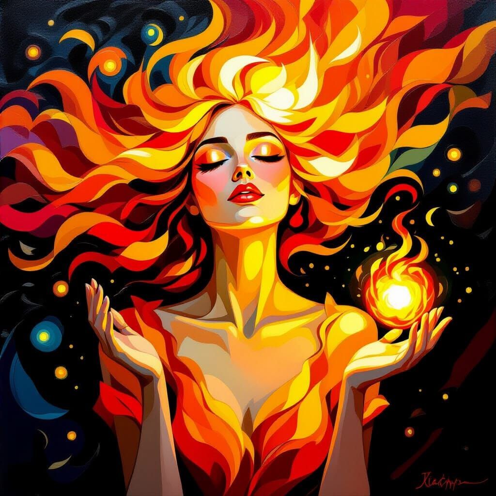 Woman Emitting Fiery Energy in Impasto Oil Painting