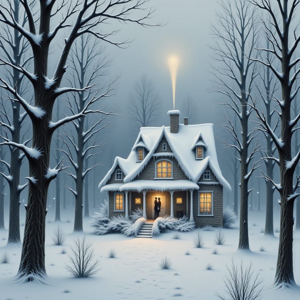 Snowy Cottage in Pine Forest, Hyperrealistic Winter Scene
