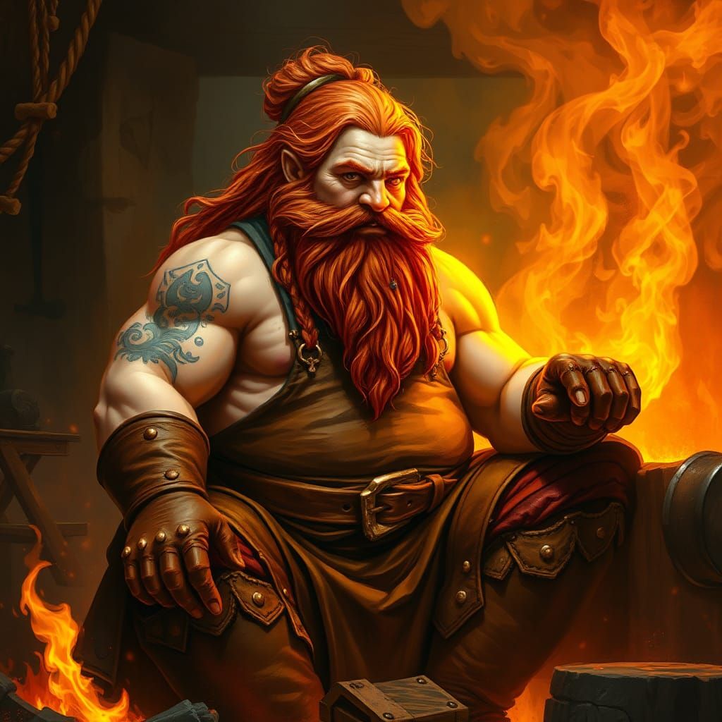 Dwarf Blacksmith in Fiery Forge, Golden Fantasy Art