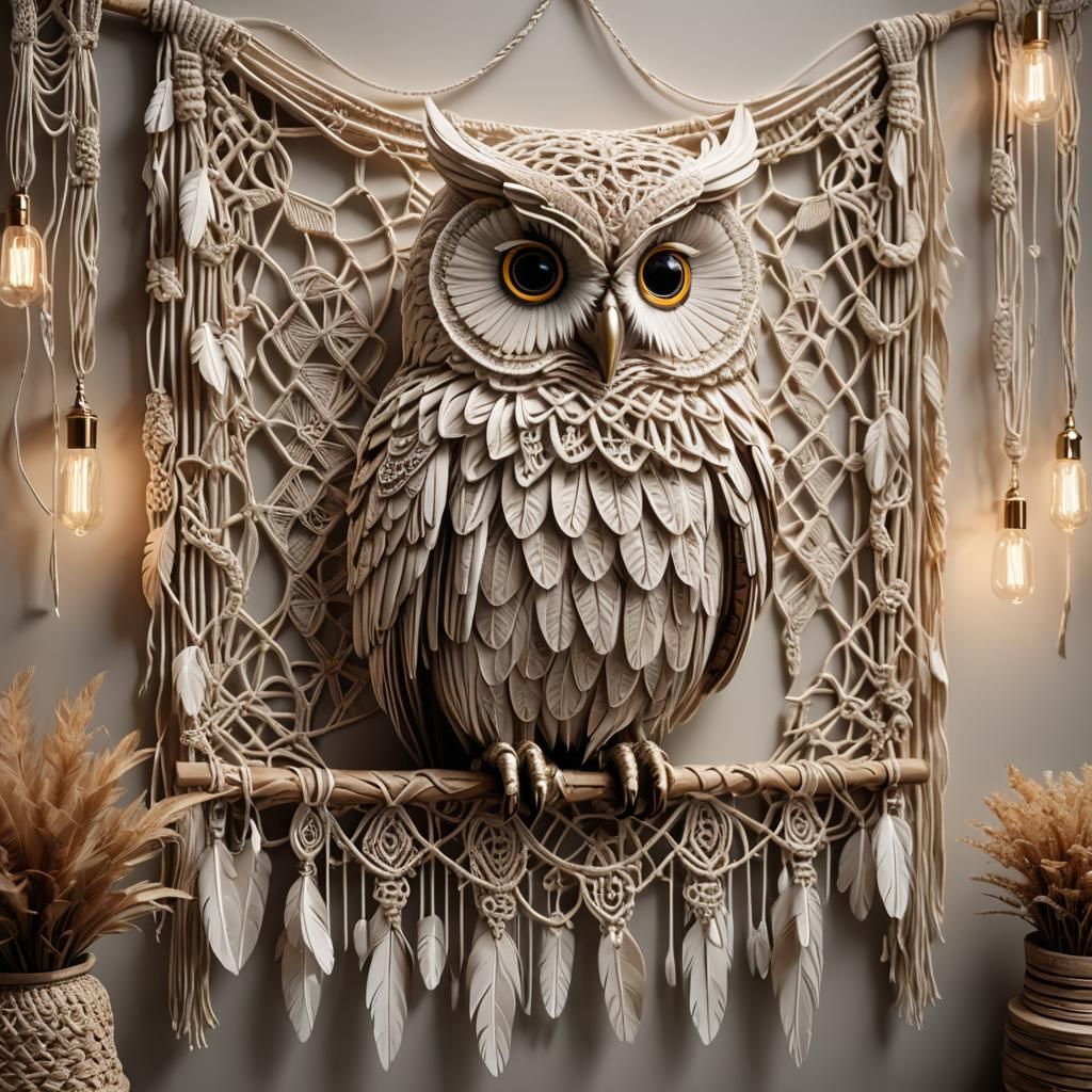 A sophisticated macrame tapestry, Elegant Macrame Owl, styled like feathers, and woven in a soft beige and white color o...