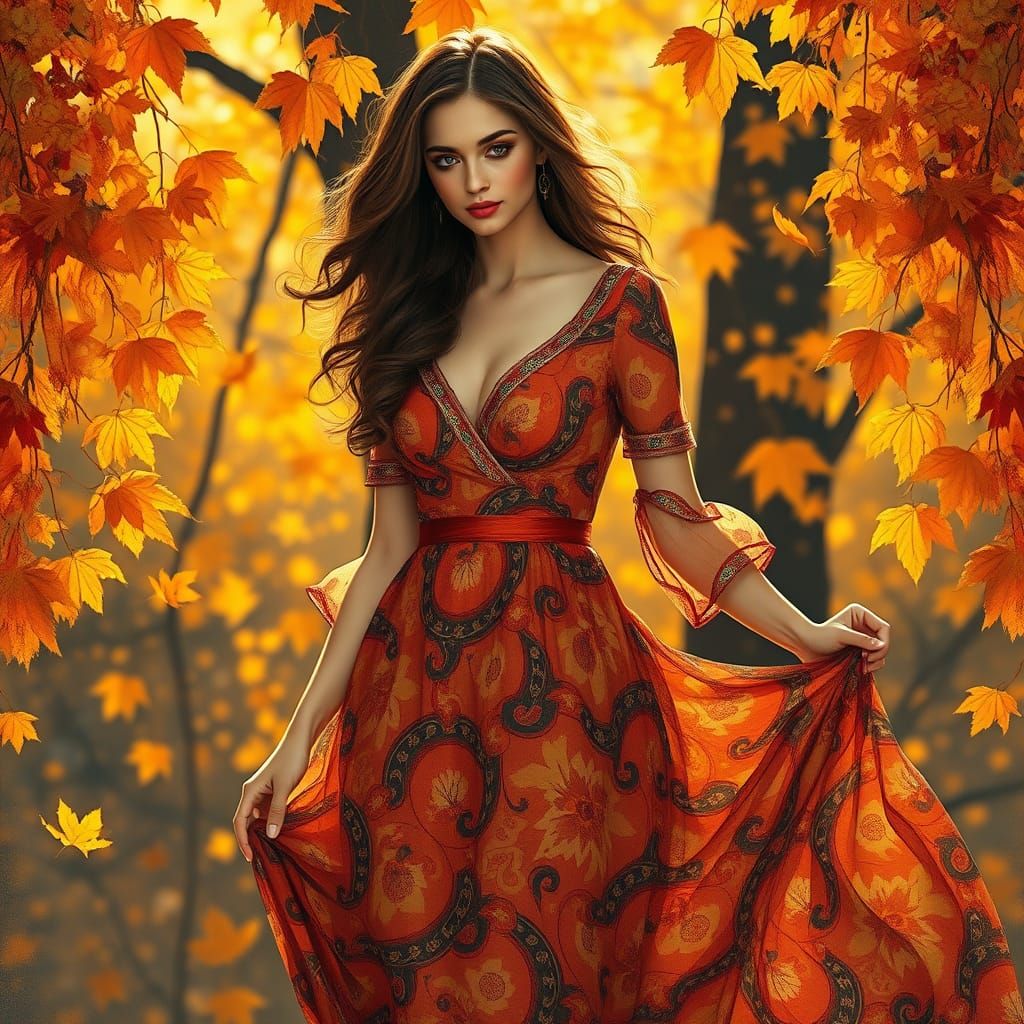 Vibrant Autumn Goddess in Elegant Impressionist Style