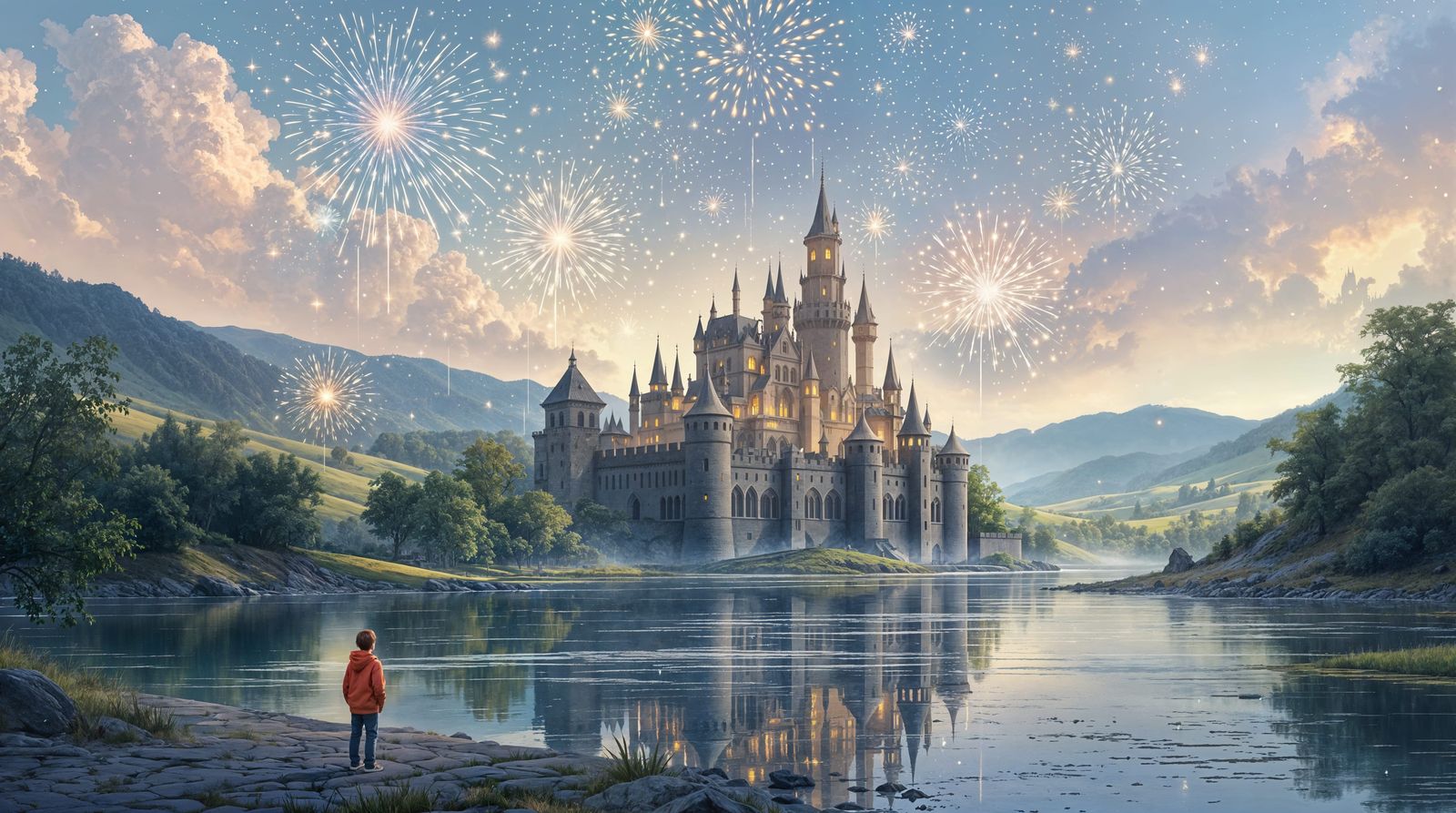 Magical River Castle Celebration at Sunset