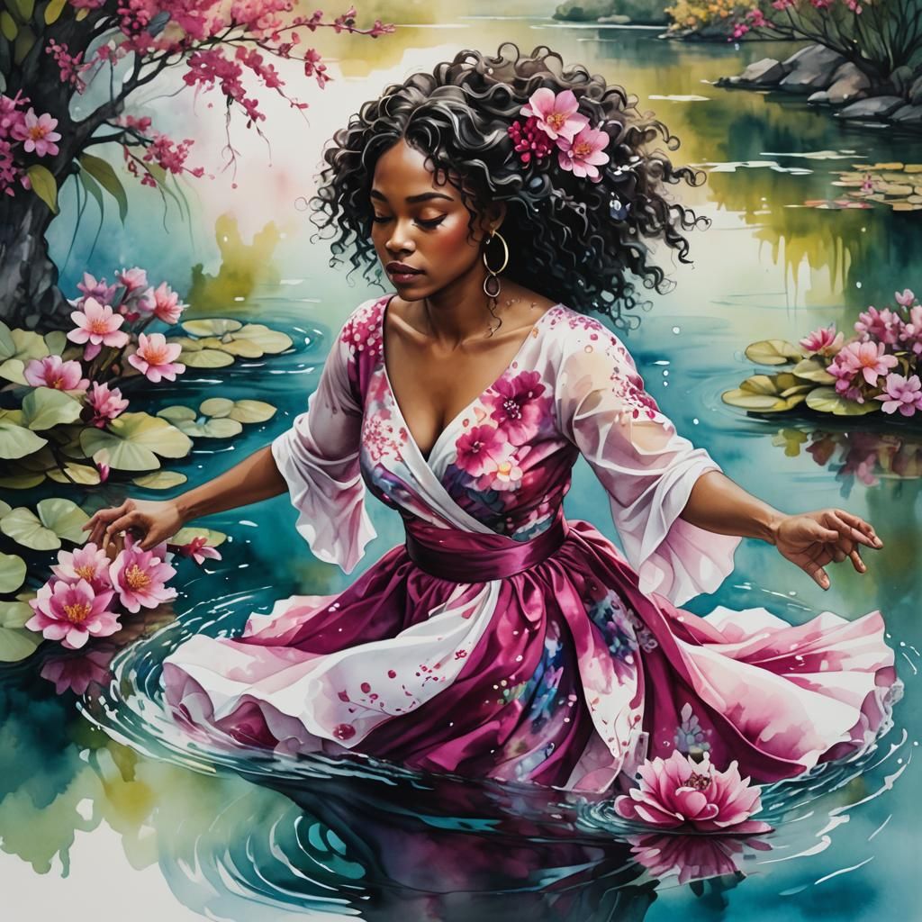 Serene Woman in Lake: Airbrush Alcohol Ink Illustration