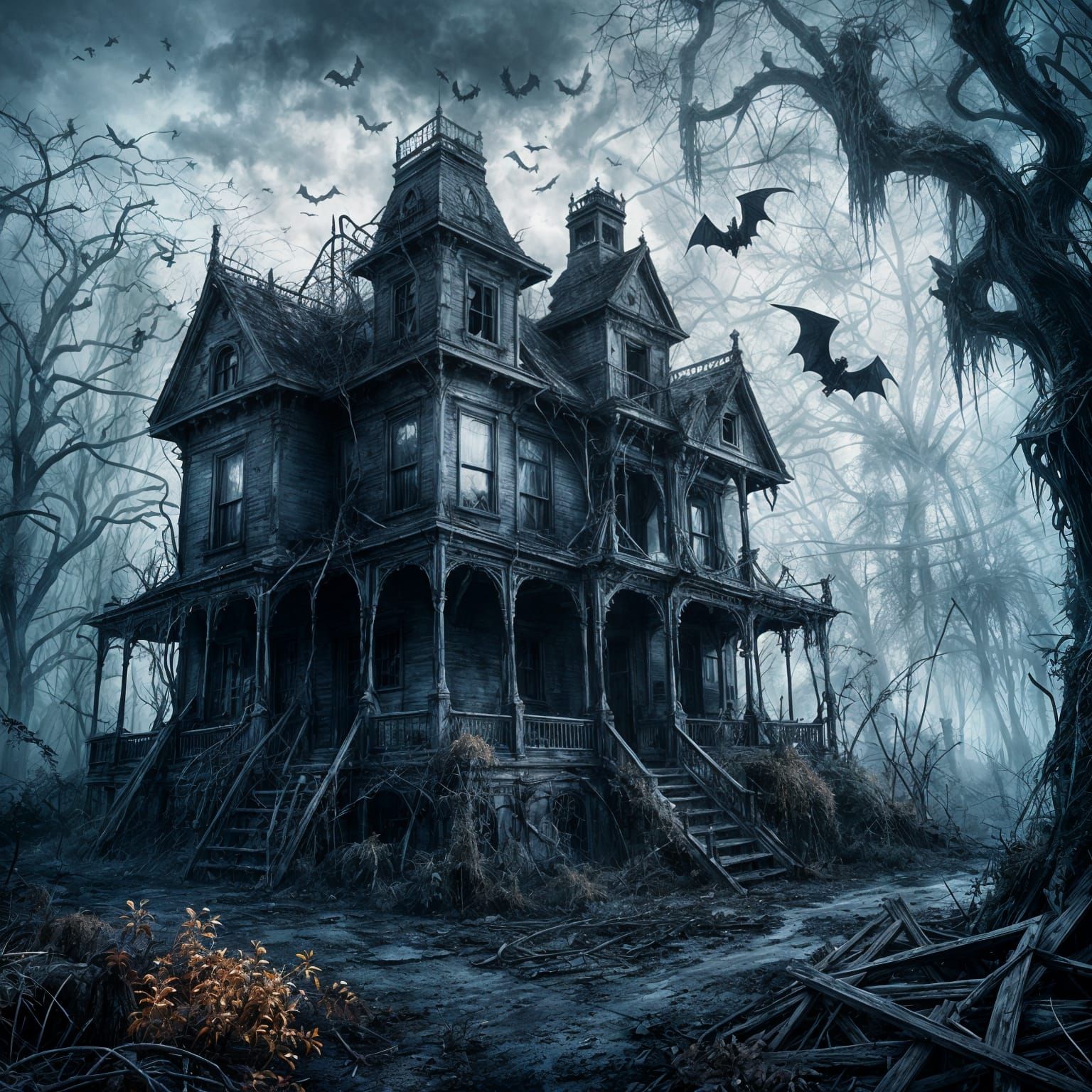 Spooky Haunted House with Bats and Fog