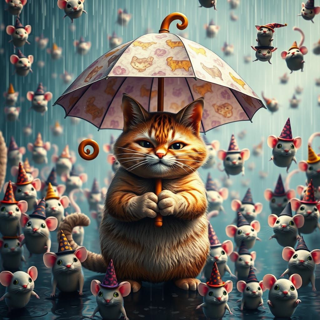 Chubby Cat Under a Whimsical Rain Shower