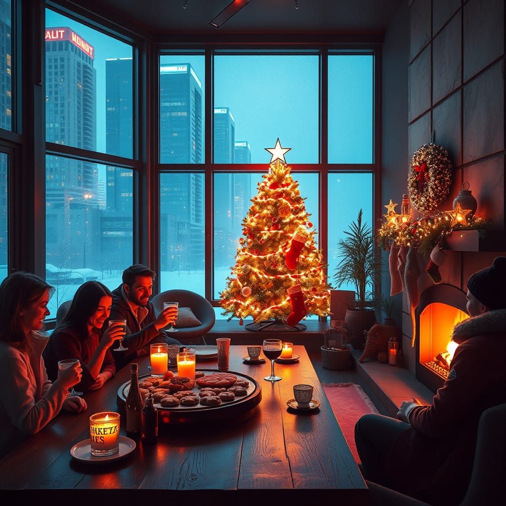 Futuristic Winter Gathering in a Cozy Retropolis