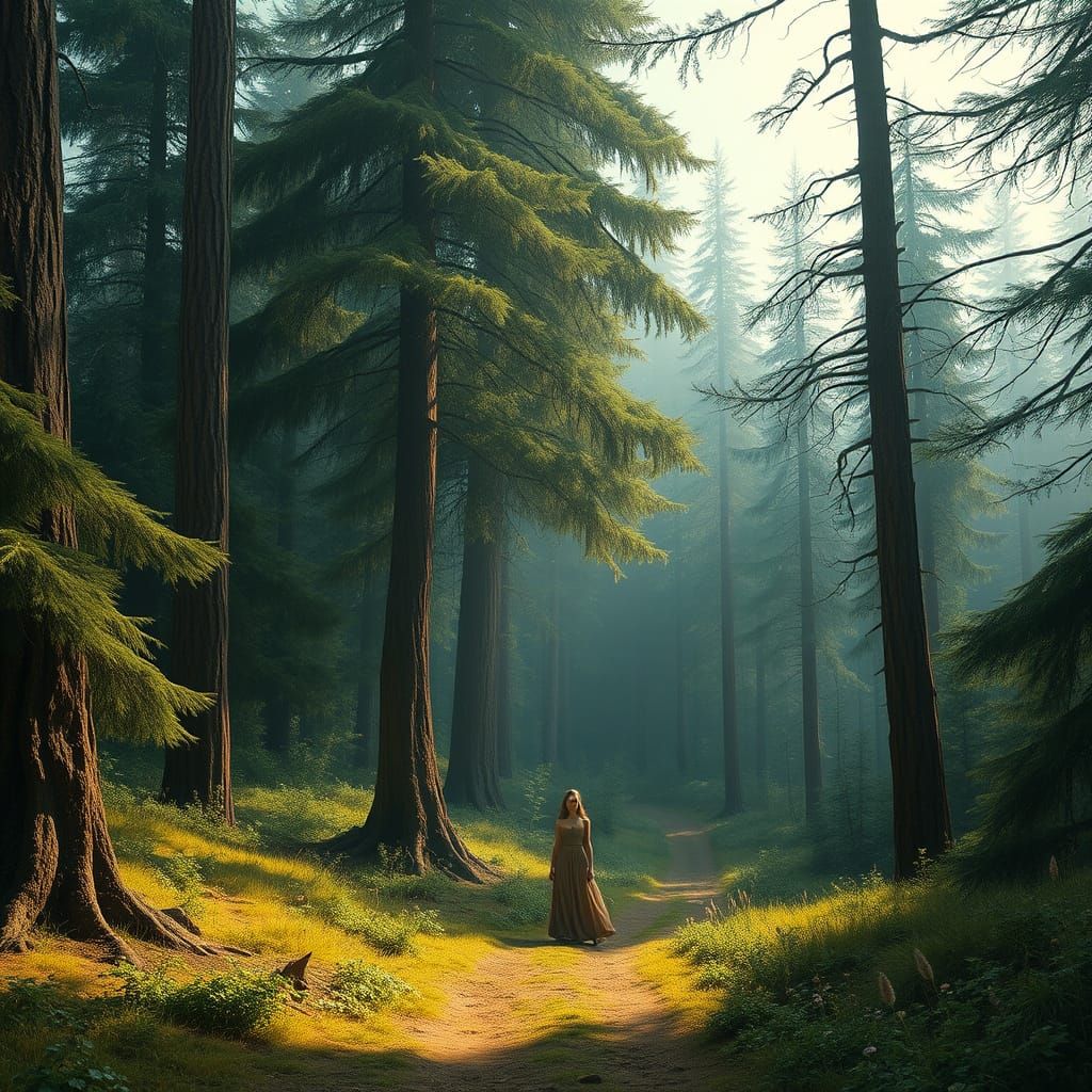 Woman Walks in Tranquil Forest Landscape