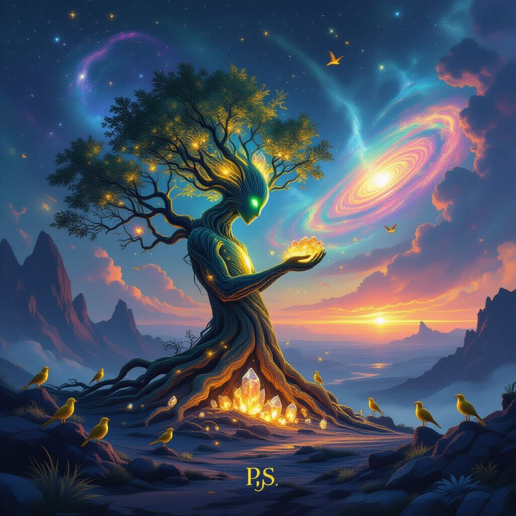 Ancient Alien Tree with Bioluminescent Leaves in Concept Art...