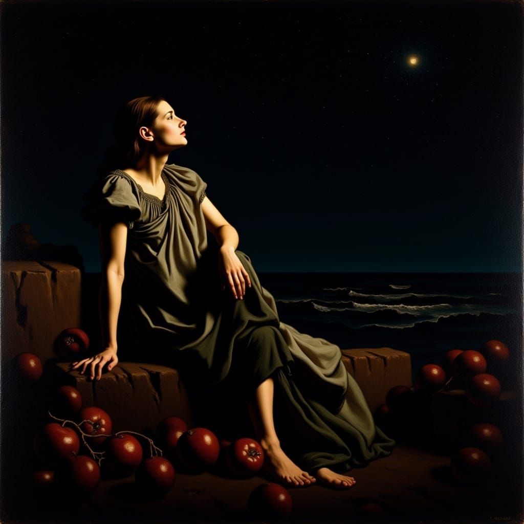 Woman Contemplates Starry Night in Chiaroscuro