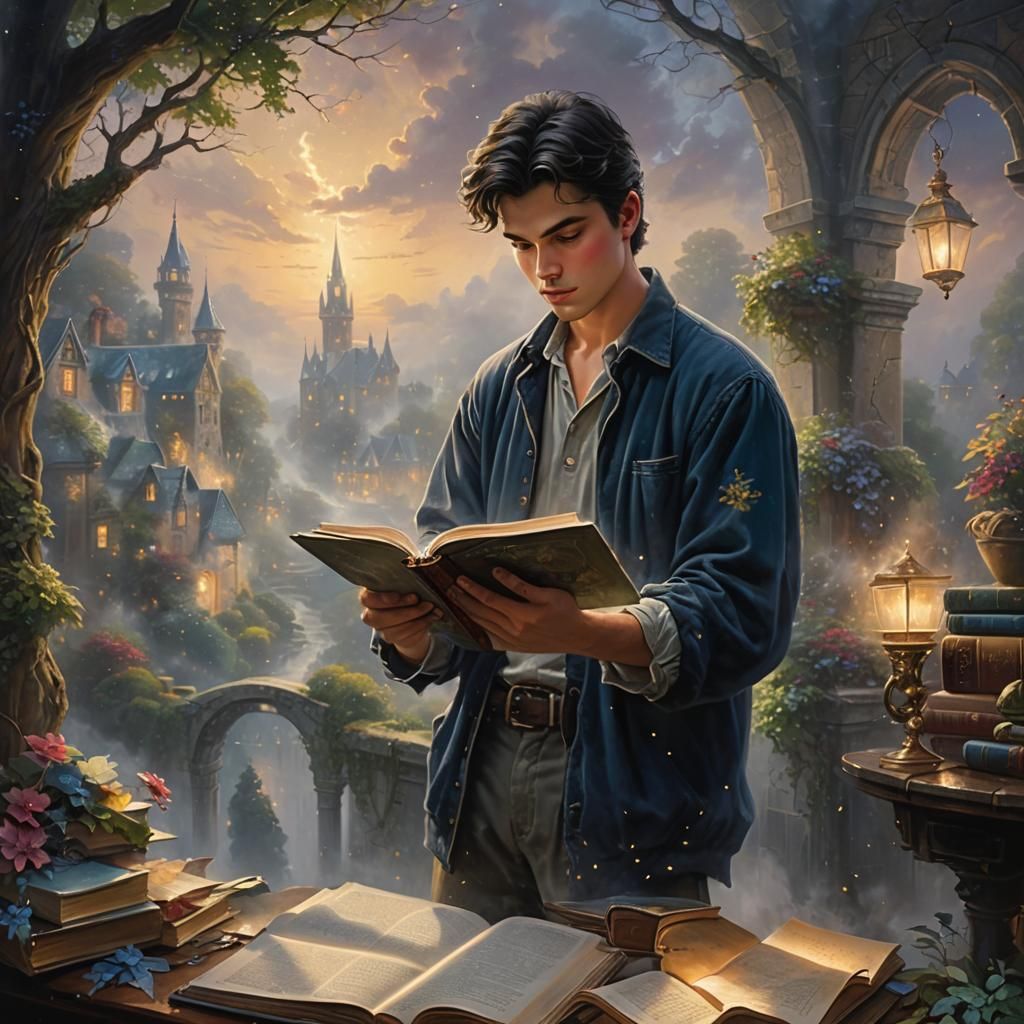 Ethereal Fantasy: Man Emerging from Book in Kinkade Style