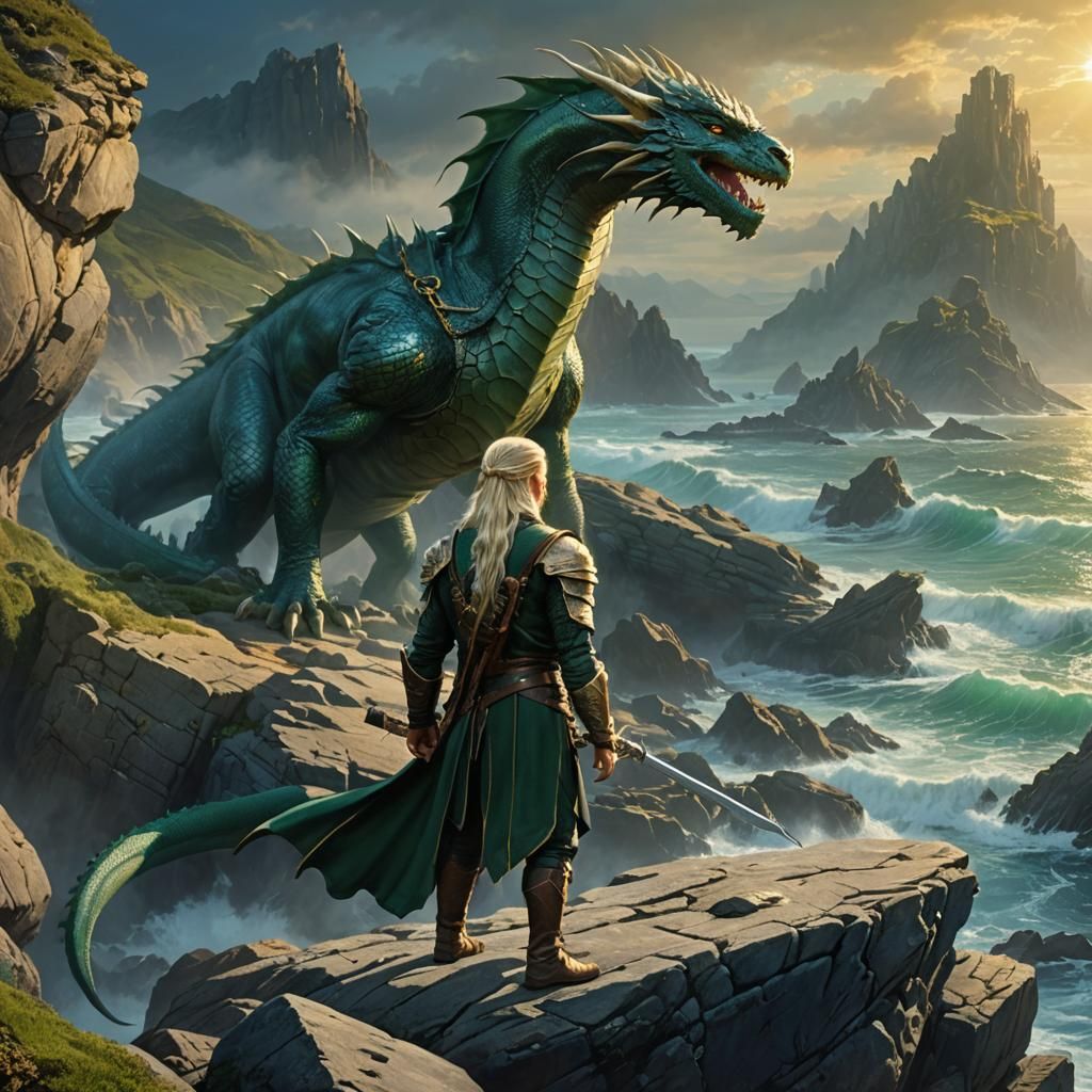 Legolas and Dragon on Coastline: Fantasy Matte Painting