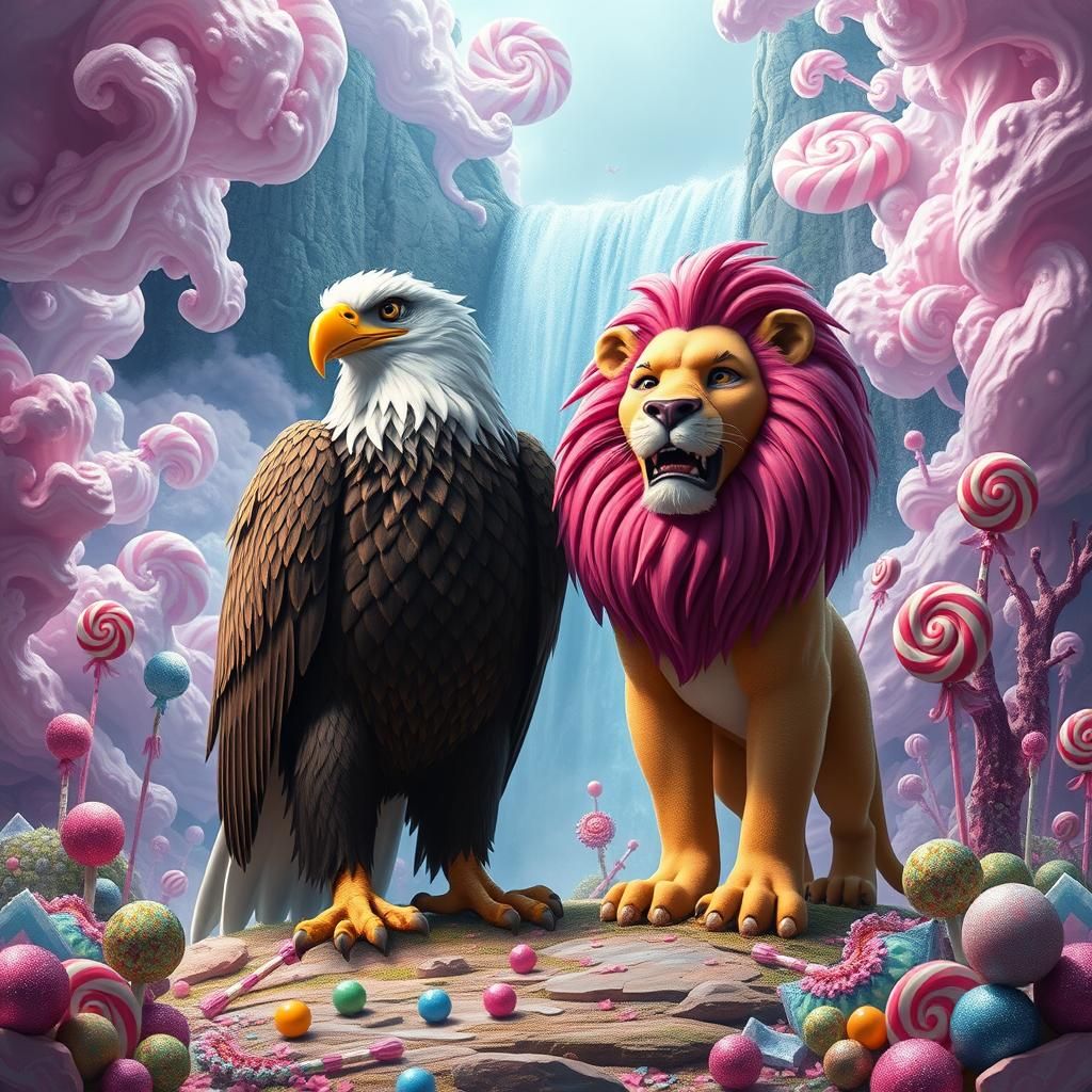 Eagle and Lion in Whimsical Candyland Dreamscape