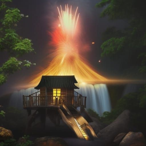 Treehouse Waterfall Scene with Volcanic Fireworks