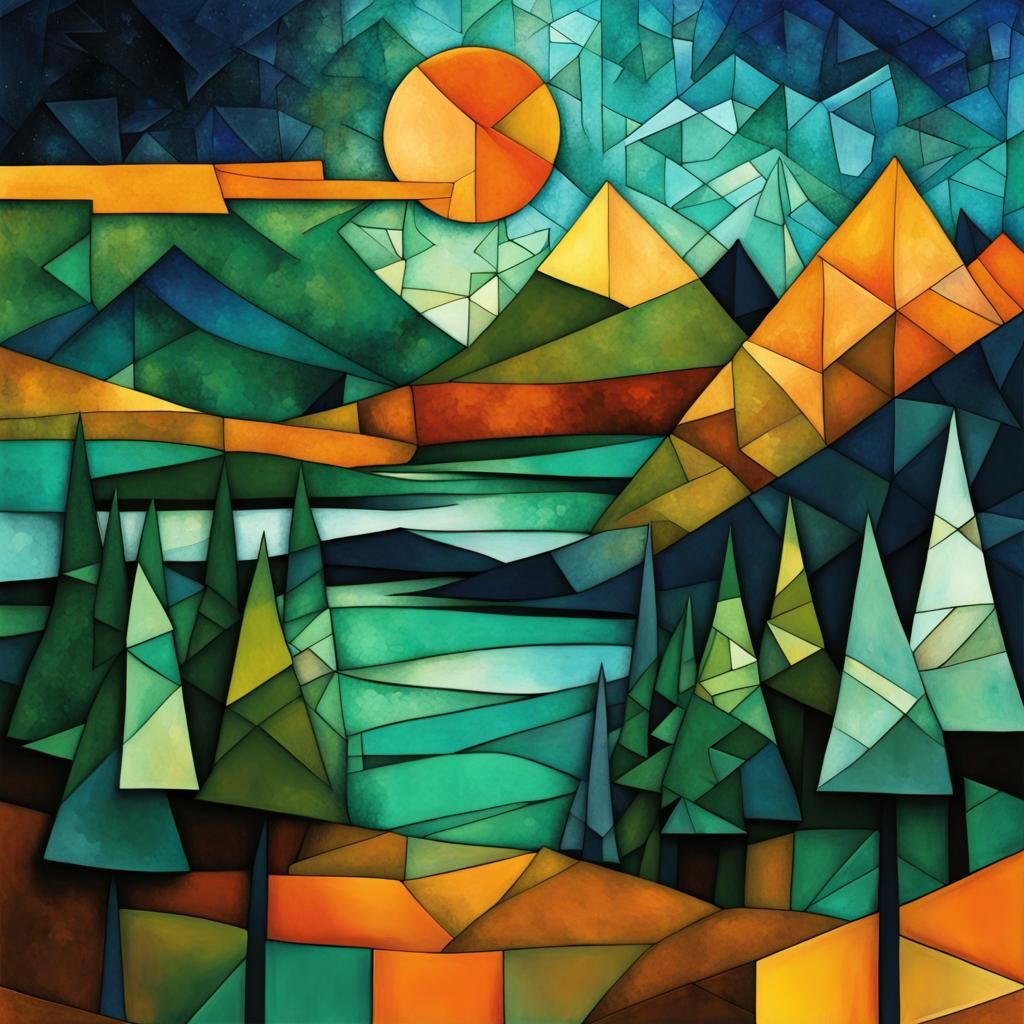 Abstract Pine Forest and Lake in Cubist Style