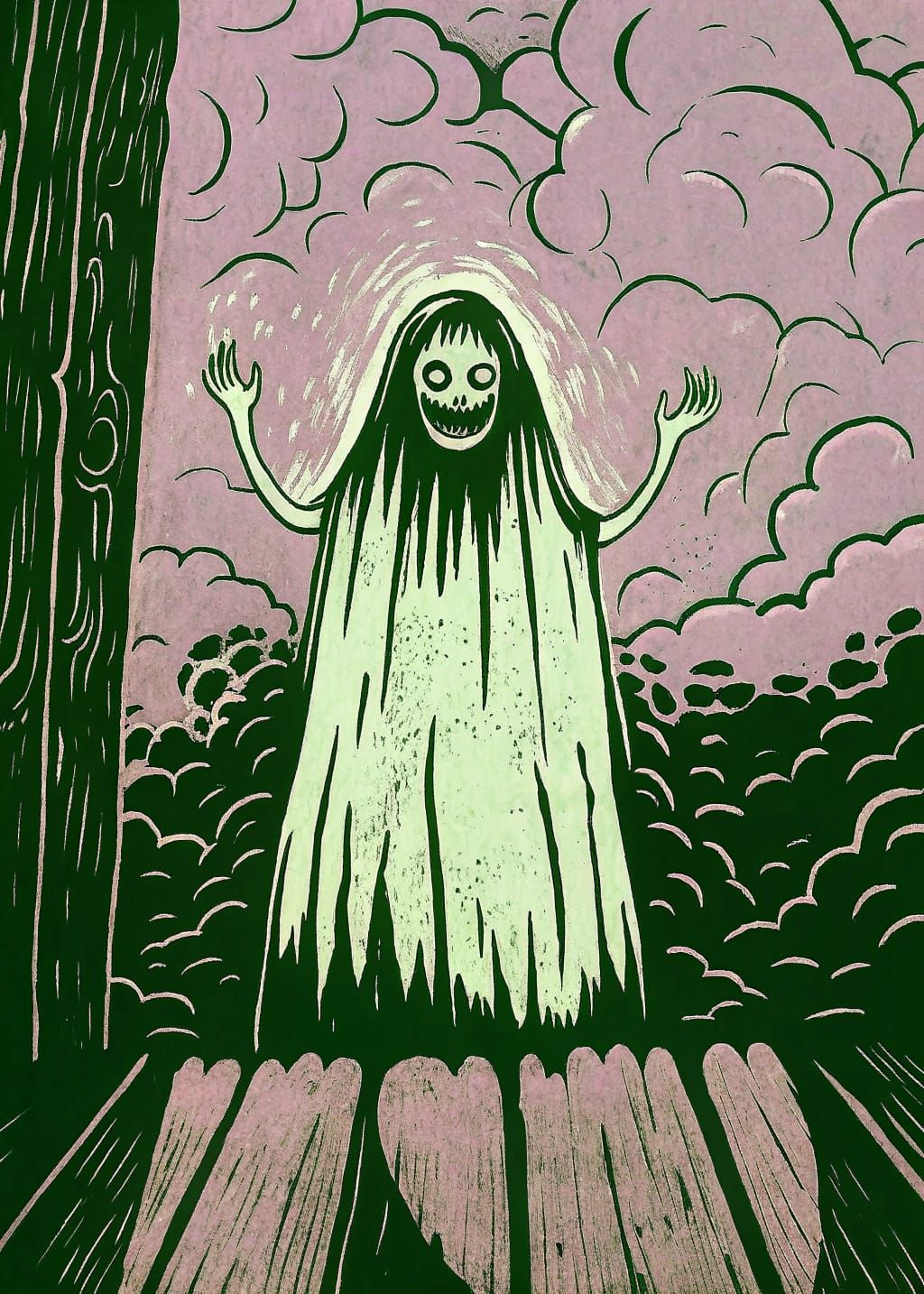 Gothic Horror Spectral Figure Emerging from Mist